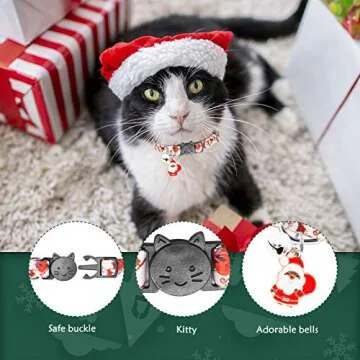 YUEPET 3PCS Christmas Cat Collar Breakaway Adjustable Kitten Collars with Charms Bells & Pendant Charming Santa Snowman Stockings for Gifts Winter Element Patterns Decoration