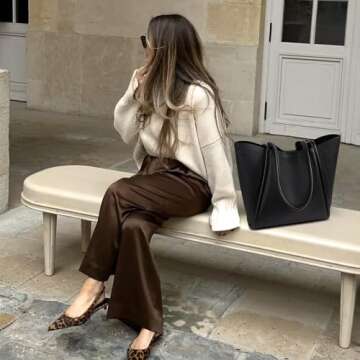 BOSTANTEN Work Purses for Women Vegan Leather Shoulder Bag Large Tote Handbag for Travel 2024, Black