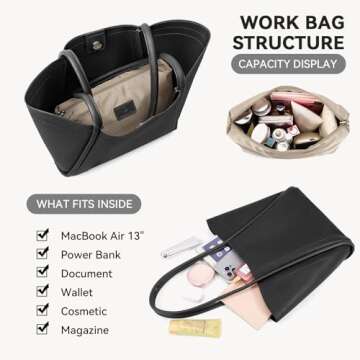 BOSTANTEN Work Purses for Women Vegan Leather Shoulder Bag Large Tote Handbag for Travel 2024, Black