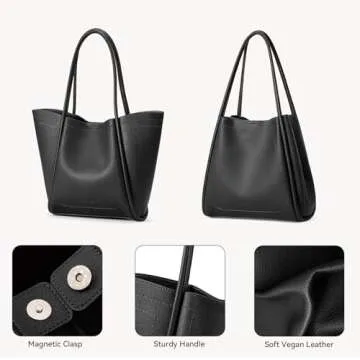 BOSTANTEN Work Purses for Women Vegan Leather Shoulder Bag Large Tote Handbag for Travel 2024, Black