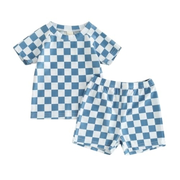 Toddler Baby Boy Two Piece Swimsuit Set Checkered Short Sleeve Rashguard Swimwear Bathing Suit Sunsu...