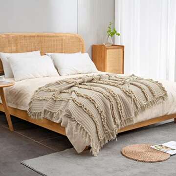 Ultra Soft Pre-Washed Quilted Boho Beige Twin Size Blankets for Bed, Ruffle Fringed Decorative Throw...