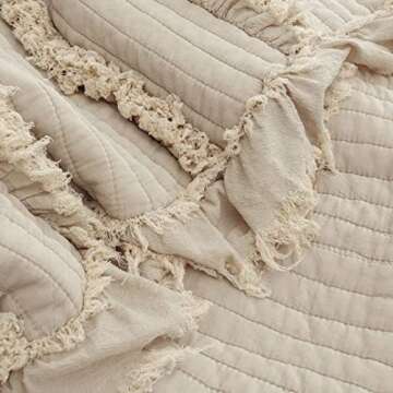 Ultra Soft Pre-Washed Quilted Boho Beige Twin Size Blankets for Bed, Ruffle Fringed Decorative Throw, Stone Washed Chic Rustic Blanket for Sofa Couch Bed, 60"*80"