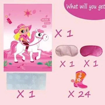 Zhangguanlidai Cowgirl Birthday Party Decorations,Pin The Boot on The Cowgirl Game,Disco Pink Cowgirl Western Horse Party Decorations Favor Supplies.
