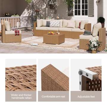 LAUSAINT HOME Outdoor Patio Furniture, 7 Piece Patio Furniture Set PE Rattan Sectional Conversation Sets with Thick Cushions & Wood-Like Coffee Table for Garden, Porch(Beige/Brown Wicker)