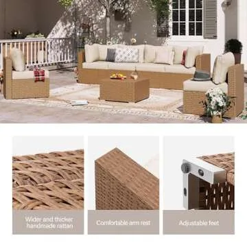LAUSAINT HOME Outdoor Patio Furniture, 7 Piece Patio Furniture Set PE Rattan Sectional Conversation Sets with Thick Cushions & Wood-Like Coffee Table for Garden, Porch(Beige/Brown Wicker)