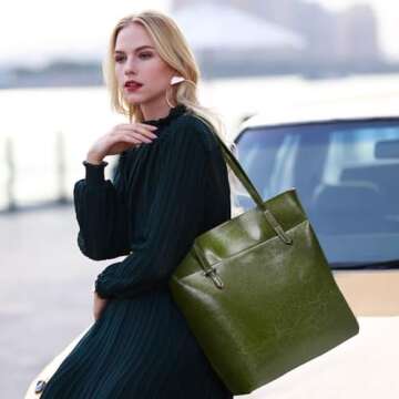 Kattee Vintage Genuine Leather Tote Shoulder Handbag for Woman with Adjustable Handles (Green)
