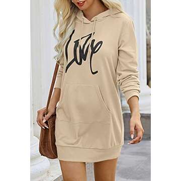 PRETTYGARDEN Women's Hooded Sweatshirt Drawstring Lightweight Long Sleeve Pullover Hoodie Dress (Lig...