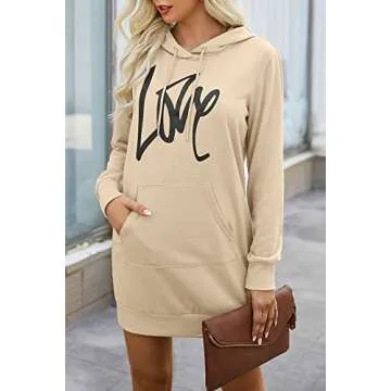 PRETTYGARDEN Women's Hooded Sweatshirt Drawstring Lightweight Long Sleeve Pullover Hoodie Dress (Light Apricot,Small)