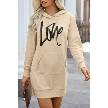 PRETTYGARDEN Women's Hooded Sweatshirt Drawstring Lightweight Long Sleeve Pullover Hoodie Dress (Light Apricot,Small)