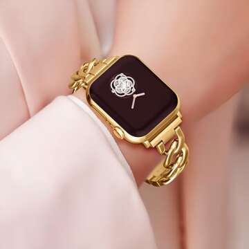 Kolgios 42/44/45mm Gold Cool Chain Women Metal Smartwatch Band Compatible for Apple Watch Series 7/6...