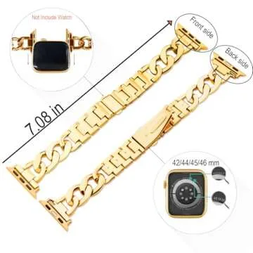 Kolgios 42/44/45mm Gold Cool Chain Women Metal Smartwatch Band Compatible for Apple Watch Series 7/6/5/se/4/3/2/1 Man Adjustable Bracelet for Iwatch 7/6/5 Gifts for Her/Him