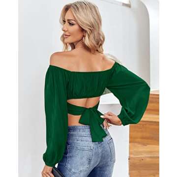MIRACMODA Woman Off Shoulder Ruched Tie Back Crop Top Summer Lantern Sleeve Boho Shirt Blouse Dark Green