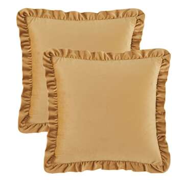 GIGIZAZA Pack of 2 Mustard Yellow Throw Pillow Covers 22x22 Decorative Ruffle Velvet Cushion Cover f...