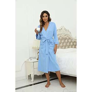 HEARTNICE Womens Cotton Robe, Soft Kimono Spa Knit Long Bathrobe Lightweight Loungewear(Sky blue,S)