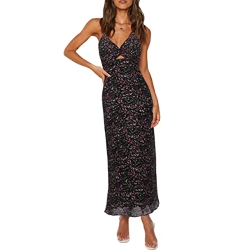 ZAFUL Women's Spaghetti Strap Floral Summer Hollow Twist Front Maxi Dresses Sexy Cutout V Neck Backl...