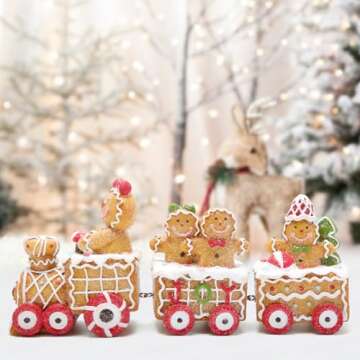 Hodao Christmas Decorations Indoor Home Decor Christmas Gingerbread Man Small Train Figurines Winter for Table Top Centerpiece Fireplace Decor Cute Gingerbread Man Train Decoration Gift