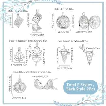 SUNNYCLUE 10Pcs 5 Styles Cage Charms Brass Locket Charms Stone Holder Necklace Silver Hollow Spiral ...
