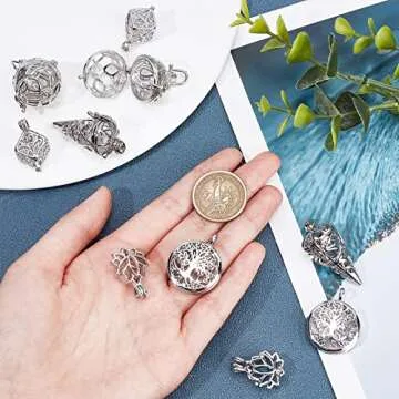 SUNNYCLUE 10Pcs 5 Styles Cage Charms Brass Locket Charms Stone Holder Necklace Silver Hollow Spiral Bead Cages Lotus Tree of Life Charms for Jewelry Making Charms Women Adults DIY Necklaces Crafts