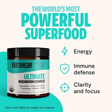 FreshCap Ultimate Mushroom Complex Powder - Ayurveda Lions Mane, Reishi, Cordyceps, Chaga, Turkey Tail, Maitake Supplements - for Immunity, Energy, Memory & Focus - (60 Servings)
