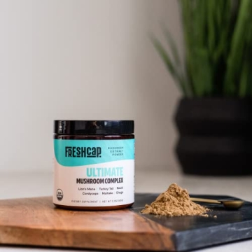 FreshCap Ultimate Mushroom Complex Powder - Ayurveda Lions Mane, Reishi, Cordyceps, Chaga, Turkey Tail, Maitake Supplements - for Immunity, Energy, Memory & Focus - (60 Servings)