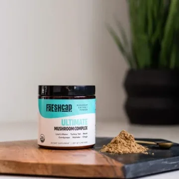 FreshCap Ultimate Mushroom Complex Powder - Ayurveda Lions Mane, Reishi, Cordyceps, Chaga, Turkey Tail, Maitake Supplements - for Immunity, Energy, Memory & Focus - (60 Servings)