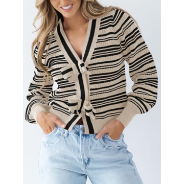 Saodimallsu Womens Striped Cropped Sweaters V Neck Cute Bow Tie Puff Sleeve Loose Knit Trendy Pullover Sweater Apricot