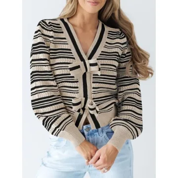 Saodimallsu Womens Striped Cropped Sweaters V Neck Cute Bow Tie Puff Sleeve Loose Knit Trendy Pullover Sweater Apricot