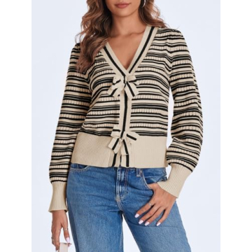 Saodimallsu Womens Striped Cropped Sweaters V Neck Cute Bow Tie Puff Sleeve Loose Knit Trendy Pullover Sweater Apricot