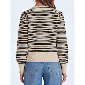 Saodimallsu Womens Striped Cropped Sweaters V Neck Cute Bow Tie Puff Sleeve Loose Knit Trendy Pullover Sweater Apricot