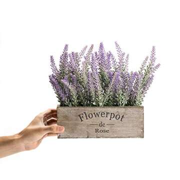 Velener Purple Artificial Lavender Flowers with Decorative Tray Wooden Box 9 Inches - Lifelike Faux Lavender Plants for Home and Office Decor, Fake Lavender Rustic Farmhouse Style