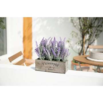 Velener Purple Artificial Lavender Flowers with Decorative Tray Wooden Box 9 Inches - Lifelike Faux Lavender Plants for Home and Office Decor, Fake Lavender Rustic Farmhouse Style