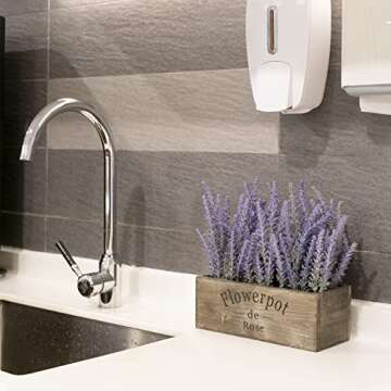 Velener Purple Artificial Lavender Flowers with Decorative Tray Wooden Box 9 Inches - Lifelike Faux Lavender Plants for Home and Office Decor, Fake Lavender Rustic Farmhouse Style