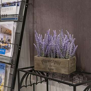 Velener Purple Artificial Lavender Flowers with Decorative Tray Wooden Box 9 Inches - Lifelike Faux Lavender Plants for Home and Office Decor, Fake Lavender Rustic Farmhouse Style