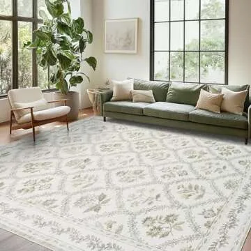Sage Green Rugs 8x10 for Living Room Boho Washable Rugs Large Floral Floor Covering for Bedroom, 8 x 10 Soft Green Dining Room, Non Slip Farmhouse Floor Carpet for Kids Playroom Dorm Dining Room