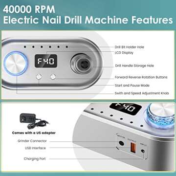 Electric Nail Drill Machine, 40000RPM Professional E file Nail Drill Kit, Electric Nail File for Acr...