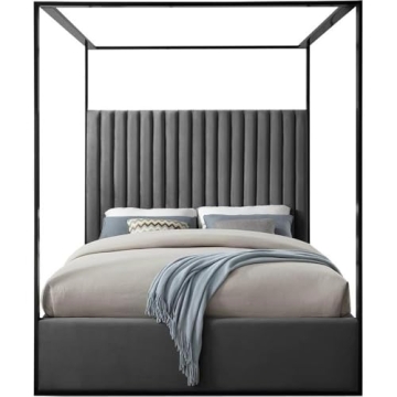 Luxurious Meridian Jax Grey Velvet King Bed Canopy