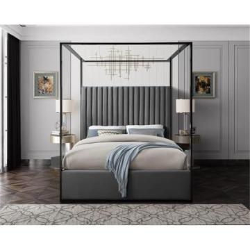 Luxurious Meridian Jax Grey Velvet King Bed Canopy