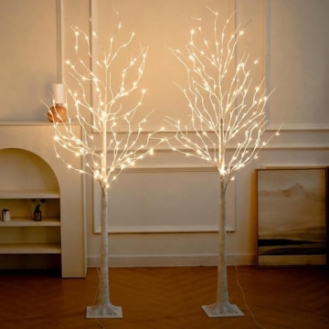 Lighted Birch Tree, 2 Pack 6 Feet 144 Warm White Lights, Prelit White Artificial Christmas Trees for...