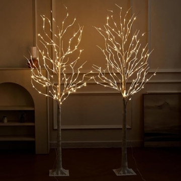 Lighted Birch Tree, 2 Pack 6 Feet 144 Warm White Lights, Prelit White Artificial Christmas Trees for Indoor Outdoor Decor Garden Wedding Party Bedroom Decoration