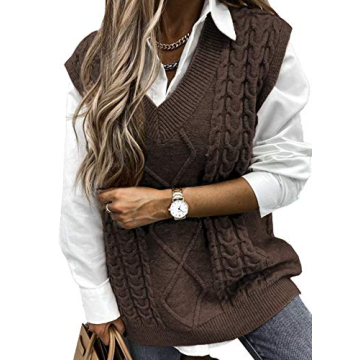 EVALESS Womens Plus Size Brown V Neck Sleeveless Sweater Vest 2024 Soft Cable Knit