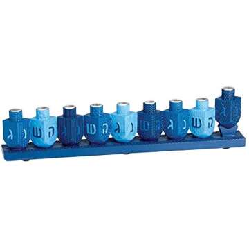 Rite Lite Blue Chanukah Dreidels Hand Painted Resin Menorah, Color Box Hanukkah