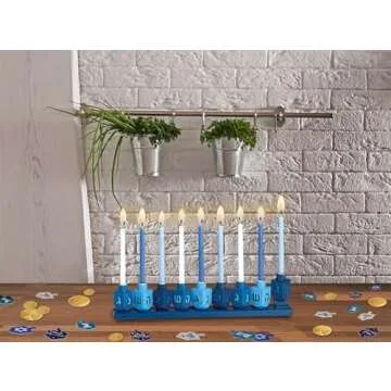 Rite Lite Blue Chanukah Dreidels Hand Painted Resin Menorah, Color Box Hanukkah