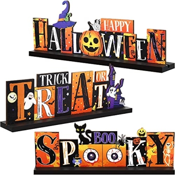 3 Pieces Halloween Table Decorations Pumpkin Table Centerpiece Boo Spooky Wood Sign Trick or Treat W...