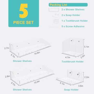 Bakzon Adhesive Shower Caddy, 5 Pack Acrylic Shower Shelves Bath Organizers With Large Capacity, No ...