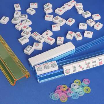 GUSTARIA Mahjong All-in-One Tile Rack & Pusher, Clear Acrylic Mahjong Rack and Pusher Combo, Modern American Majiang Tile Racks, Set of 4, Multi Color