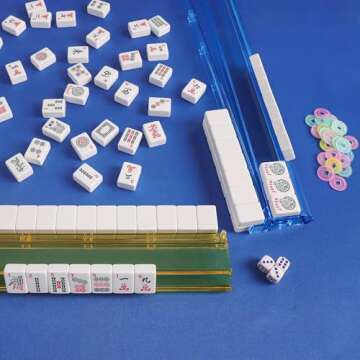 GUSTARIA Mahjong All-in-One Tile Rack & Pusher, Clear Acrylic Mahjong Rack and Pusher Combo, Modern American Majiang Tile Racks, Set of 4, Multi Color