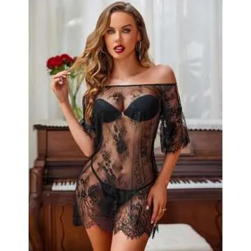 Avidlove Women Lace Babydoll Lingerie Mini Chemise S-4XL Black