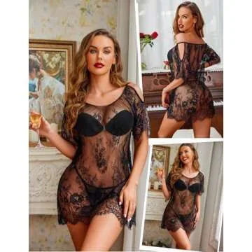 Avidlove Women Lace Babydoll Lingerie Mini Chemise S-4XL Black