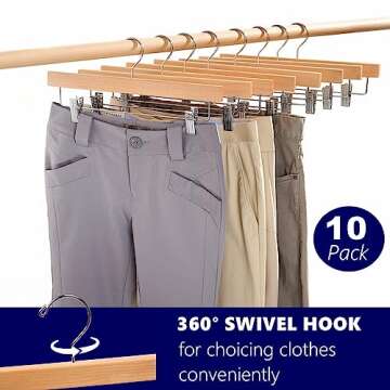 Amber Home 10 Pack Natural Wooden Pants Hangers with Clips, Wood Skirt Hangers Trouser Hangers for Jeans, Slacks, Shorts with 2-Adjustable Clips